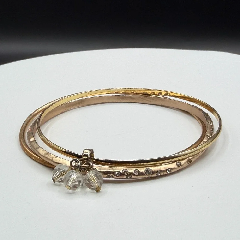 Gold Tone Triple Bangle Bracelet Clear Faceted Bead Dangle Rhinestone Stack Set